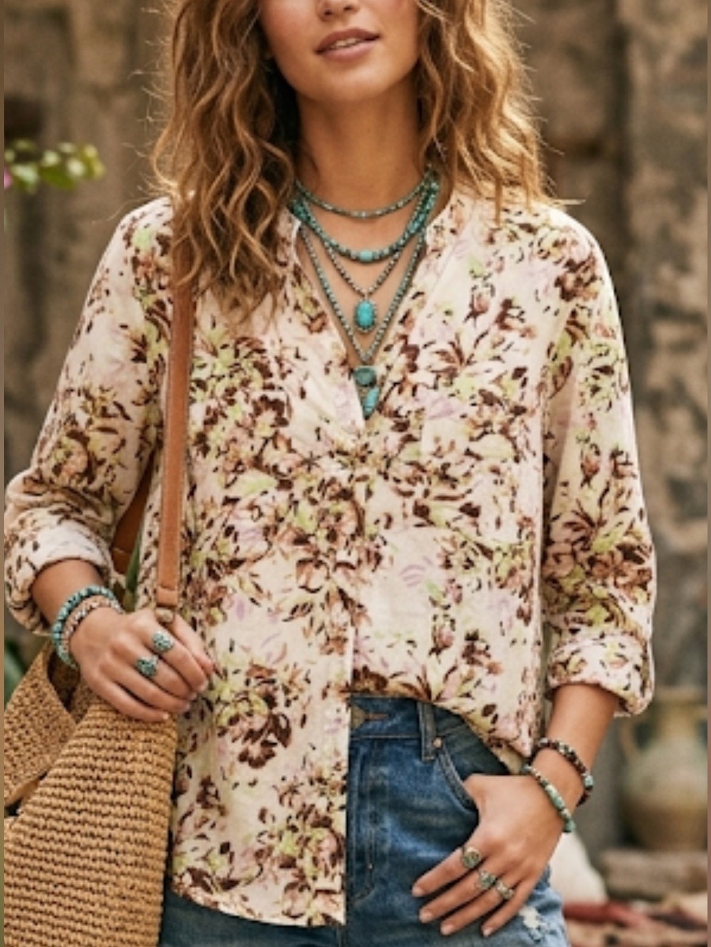Collectibles Woman Floral Print Button-Up Blouse Sz 1X Cotton 3/4 Sleeve Top